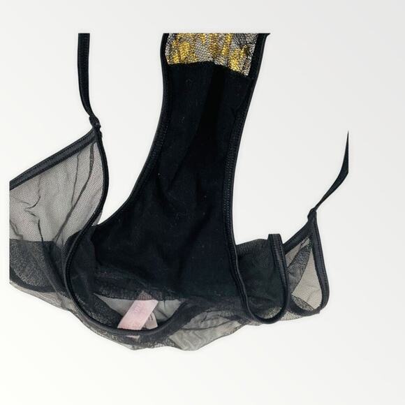 Vintage Victoria's Secret Black Sheer String Bikini Gold Metallic Lace Medium - Picture 5 of 7